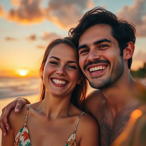 Fotografia de um casal sorrindo durante o pôr do sol na praia de Itapuã, Salvador