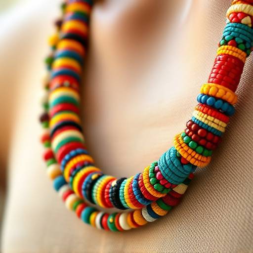Fotografia de um colar de contas coloridas, t√≠picas da Bahia, com um fundo neutro para destacar as cores e detalhes do artesanato.