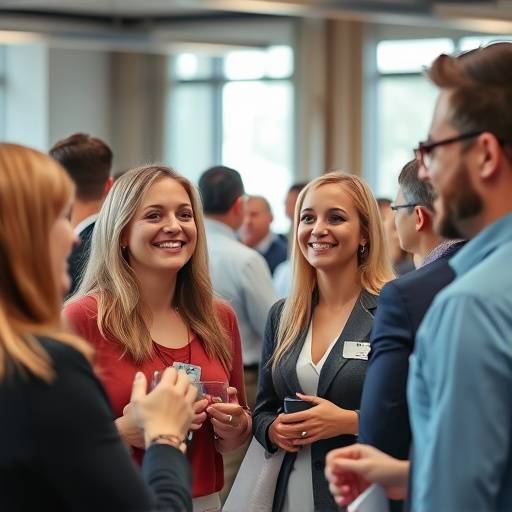 Fotografia de um evento corporativo com pessoas interagindo e sorrindo