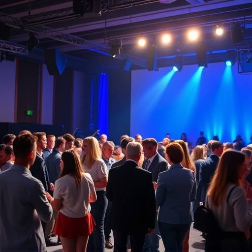Fotografia de um evento corporativo, mostrando pessoas interagindo e um palco com ilumina√§√£o profissional.