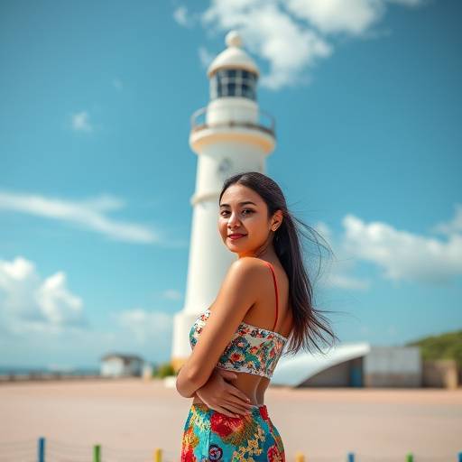 Fotografia de um modelo posando em frente ao Farol da Barra, Salvador