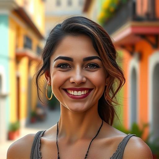 Retrato de uma mulher sorrindo em frente ao Pelourinho, com as cores vibrantes da arquitetura colonial.