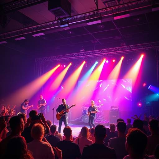 Uma foto de um show de m√ºsica ao vivo, capturando a energia da banda e a anima√§√£o do p√ºblico em um concerto vibrante.